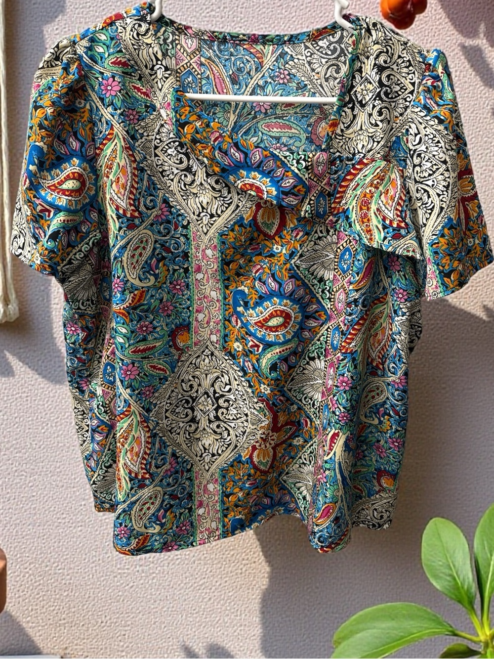 Bohemian Paisley Short Sleeve Blouse in Teal & Cream
